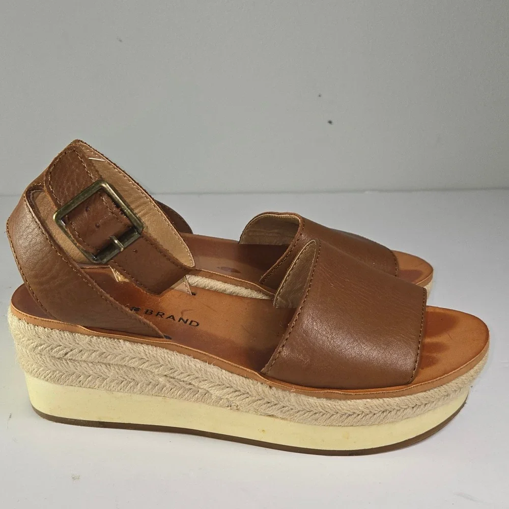 Lucky Brand Joodith Leather Espadrille Platform Wedge Sandals Brown Women 6.5